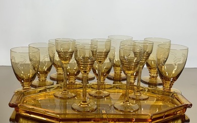 Drinking service (16) - Art Deco amber colored glass tray with glasses