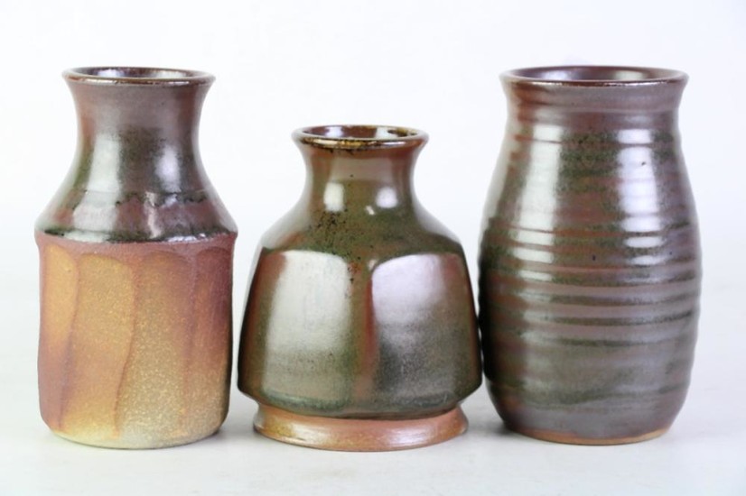 Drip Glaze Studio Pottery Vases in Brown & Green Tones, signed 'B' to bases, height of tallest 17cm