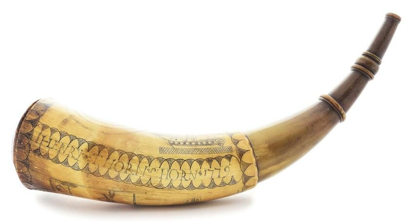 ENGRAVED POWDER HORN OF HENRY THORN, DATED 1779.