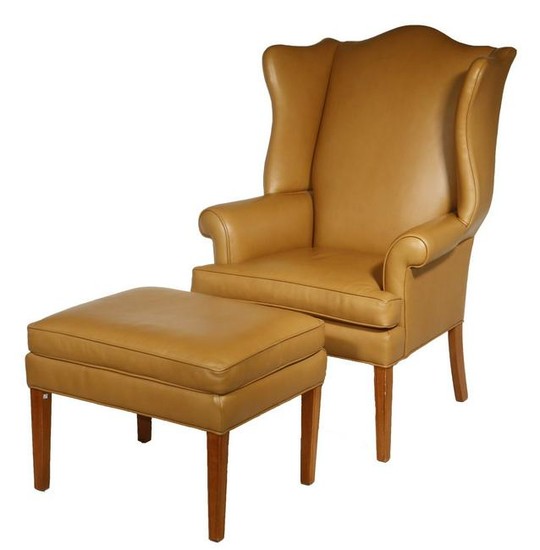 ETHAN ALLEN LEATHER WING CHAIR & OTTOMAN