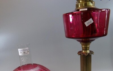 Early 20th Century double oil burner lamp, having cranberry...