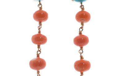 Earrings in gold with turquoises and coral