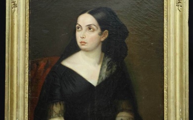 Ecole française du XIX° siècle "Femme à la mantille" Huile sur toile 40 x 32...