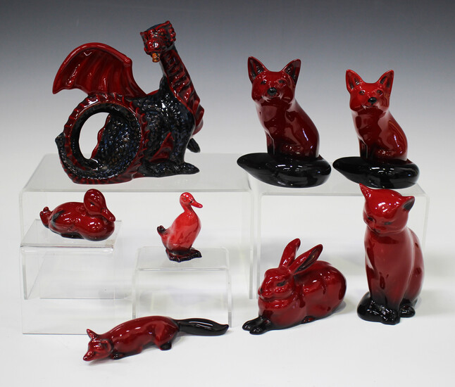 Eight Royal Doulton Flambé animals, comprising the Collectors Club Dragon, HN3552, height 14cm