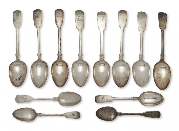 Eight Victorian and later silver fiddle pattern tablespoons, together with four fiddle pattern dessert spoons, the tablespoons including four Exeter, two John Osment, c.1837 and 1842, one Thomas Hart Stone, c.1868 and one c.1837, John Langdon, all...