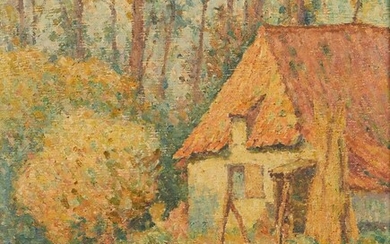 Emile ANCELET (1865-1951) "Maison dans les bois" Huile sur carton signée en bas à droite...