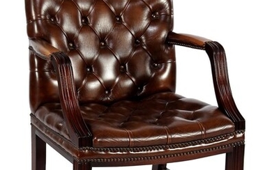 (-), English walnut armchair with brown leather padded...