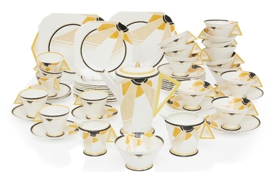 Eric Slater for Shelley, 'Sunray' pattern and 'Vogue' shape part tea and coffee set (50+ pieces), 1930, Bone china, enamel colours, Painted pattern number 11743, printed stamp and Registered no.756533 to undersides, See Condition Report for sizes...