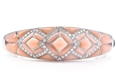 Estate Diamond Coral 18K Gold Inlay Bangle Bracelet