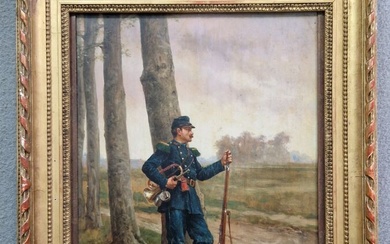 Étienne-Prosper BERNE-BELLECOUR (1838-1910), "Soldat en pied au clairon", Huile sur panneau parqueté signé en bas...