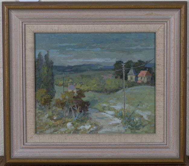 F. Sinclair - 'Village near Soissons', 20th century oil on board, signed recto, titled verso, 20cm x