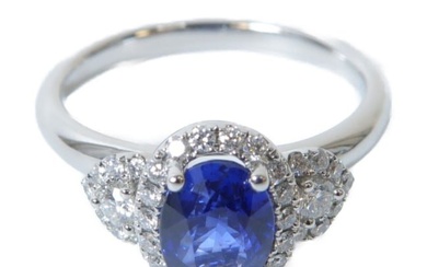 FINE JEWELRY 1.27ct Sapphire 0.26ct Diamond Ring 18K White Gold US#5.5