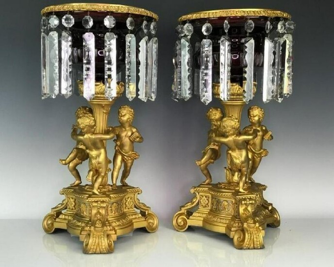 FINE PAIR OF DORE BRONZE AND CRYSTAL CENTERPIECES