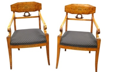Fantastic pair antique tiger maple inlaid arm chairs attributed to Biedermeier Furniture