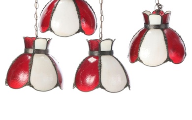 Four Bent Panel Milk Glass and Red Glass Pendant Lights