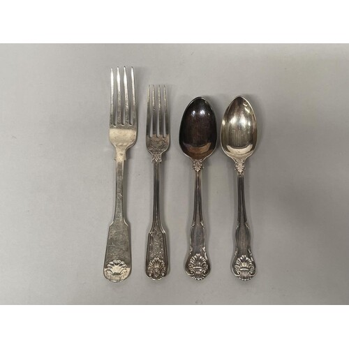 Four antique sterling silver items, two forks and two tea sp...