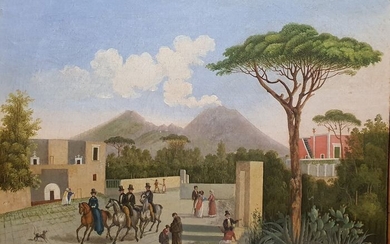 Francesco Fergola ( 1801-1875) Attr.a - Nobiltà a cavallo nei pressi di Napoli