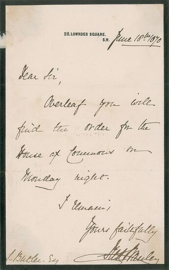 Frederick Stanley, 16th Earl of Derby Autograph Letter