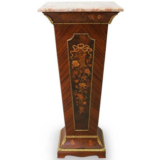 French Gilt Bronze Marquetry Wood Pedestal