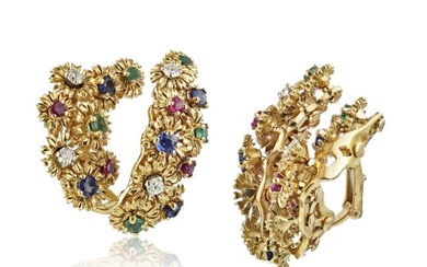 French Multicolor 18K Yellow Gold Ruby Sapphire Emerald And Diamond Clip-On Tremblant Flower