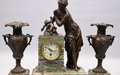 French Patinated Bronze and Marble Clock Garniture