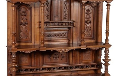 French Provincial Henri II Style Carved Walnut Marble Top Buffet a Deux Corps Server, 19th c., H.