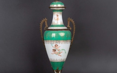 French old Paris Sevres style (angel ribbon) hand-painted gilt vase