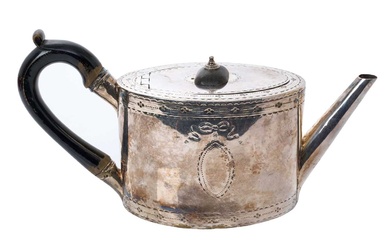George III silver teapot of oval cylindrical form, with bright cut decoration