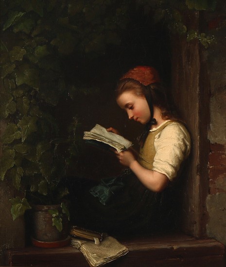 German painter, 19th century: A young girl reading in a window 