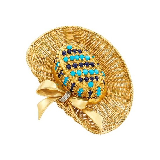 Gold, Turquoise, Cabochon Sapphire and Diamond Sun Hat Brooch