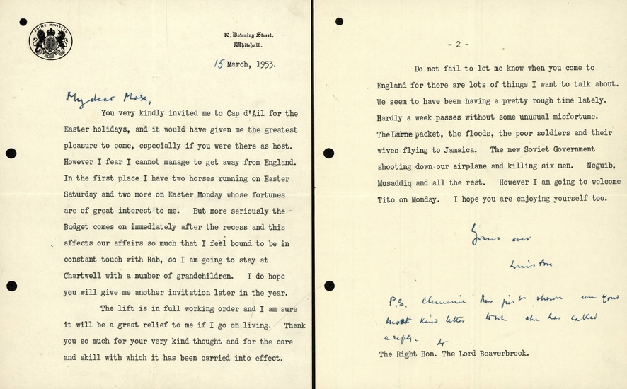 [Great Britain]. Churchill, W.S. (1874-1965). TYPESCRIPT LETTER SIGNED "Yours ever,...