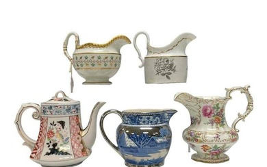 Group of Five Antique English Creamers and Teapot