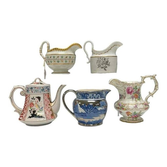 Group of Five Antique English Creamers and Teapot