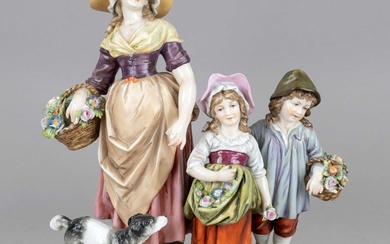 Group of figures, Rudolstadt, Thuringia, 20th century, flower seller with 2 children and dog, on