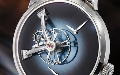 H. Moser & Cie X MB&F, Ref. LM101 An attractive and exclusive limited edition stainless steel wristwatch with funky blue fumé dial, suspended balance wheel, power reserve indicator, warranty and presentation box, numbered 12 of a limited edition of 15...