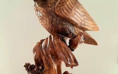 Handmade sculpture - owl on tree - 63 cm (1) - Wood - Mid 20th century