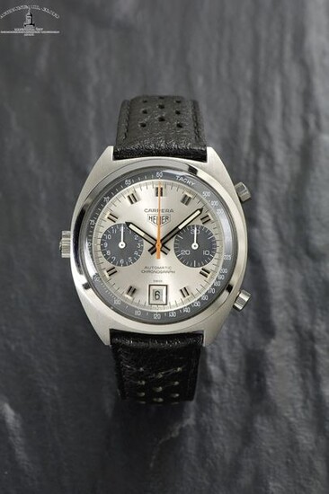 Heuer, Swiss, "Carrera Automatic Chronograph", Case No. C P51-2, Ref. 1153S, Cal. 12, 38 x 43 mm, circa 1971 A very attractive, new old stock, vintage, automatic wrist chronograph with date Case: steel, screw back, crown on the left, Heuer buckle...