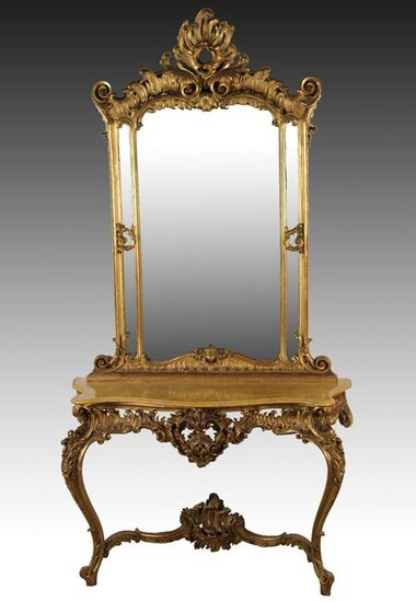 IMPRESSIVE LOUIS XV STYLE GOLD LEAF CONSOLE AND MIRROR