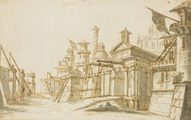 Italian School, 18th century- A Venetian capriccio; pen and brown ink and grey wash on laid paper, bears inscription 'Reitlinger 71' on the reverse, 27 x 46 cm., (unframed). Provenance: The estate of the late designer Anthony Powell.