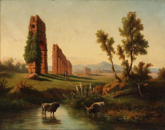 SOLD. Italian artist, 19th century: Grazing cattle on the Roman Campagna. Doubble signed and dated G. Bollini 1875. Oil on canvas. 36 x 46 cm. – Bruun Rasmussen Auctioneers of Fine Art