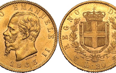 Italy Vittorio Emanuele II 1863 T BN Gold 20 Lire
