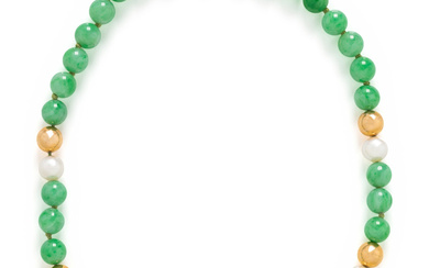 JADE, CULTURED PEARL AND DIAMOND NECKLACE