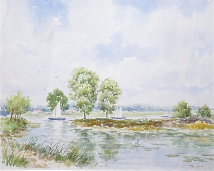 Jan Koning (1950-), Zeilbootjes op de vaart, gesigneerd r.o., aquarel,...