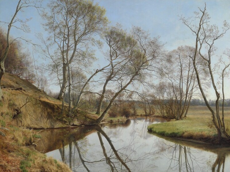 Janus la Cour: Spring day at Skovmølleåen (forest mill stream). Signed and dated Janus la Cour 1902. Oil on canvas. 120×155 cm.