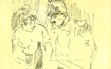 Jean Louis Forain (1852 - 1931) AL BAR matita su carta, cm 13x15,3 firma