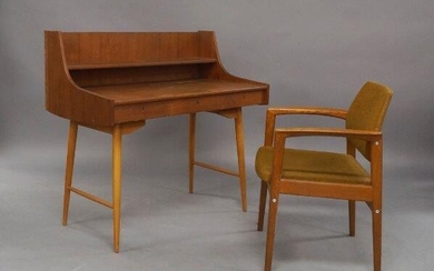 John Texmon, a teak 'Ola' desk for Blindheim Møbelfabrikk, c.1960, the rectangular top with raised back and shelf, over three frieze drawers on tapering splayed supports, 98cm high, 104cm wide, 56cm deep, together with an oak 1950s armchair (2)