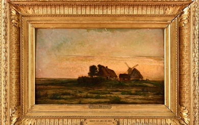 Jules DUPRÉ (1811-1889) Ferme et moulin dans la plaine vers 1860 Huile sur panneau Signé...