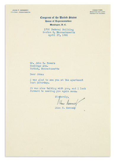 KENNEDY, JOHN F. Brief Typed Letter Signed, "John Kennedy," as Representative, to John...