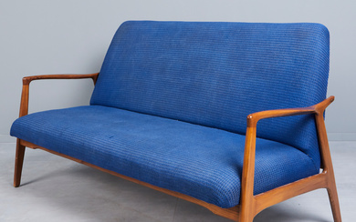 Krasna Jizba, three-seater/sofa, 1960s, elm, brass, fabric, former czechoslovakia.