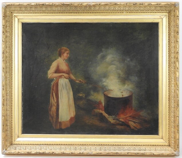 L. FERY (XIXème). Femme et le chaudron. Huile sur toile. Signé en bas à droite....